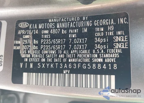 2015 Kia Sorento Lx from USA, damaged, VIN 5XYKT3A63FG588418